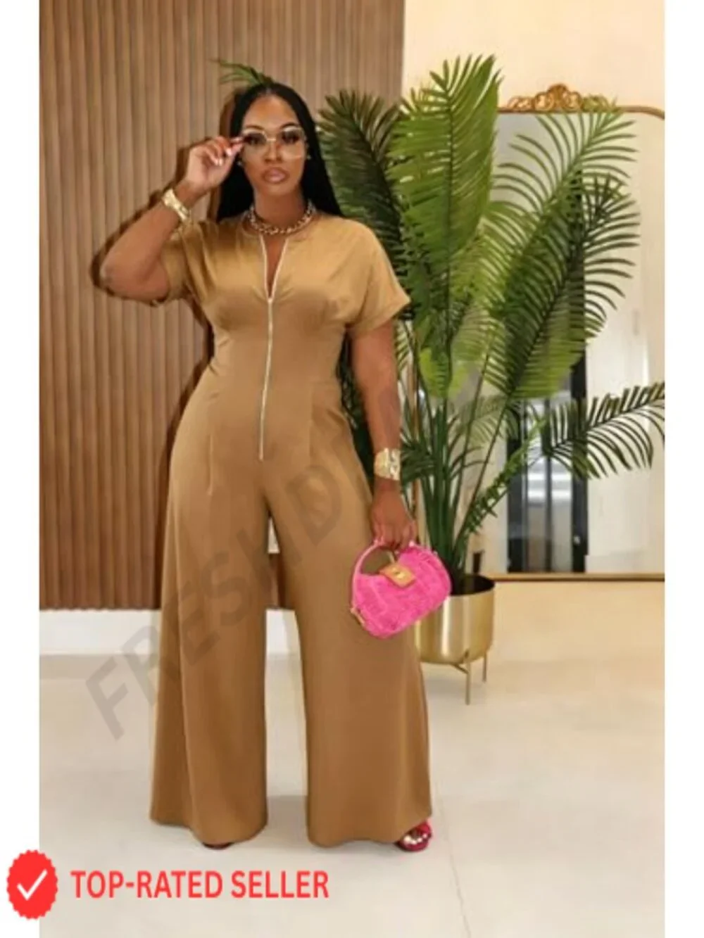 Wide Leg Jumpsuit Zip Up V Neck Short Sleeve Romper